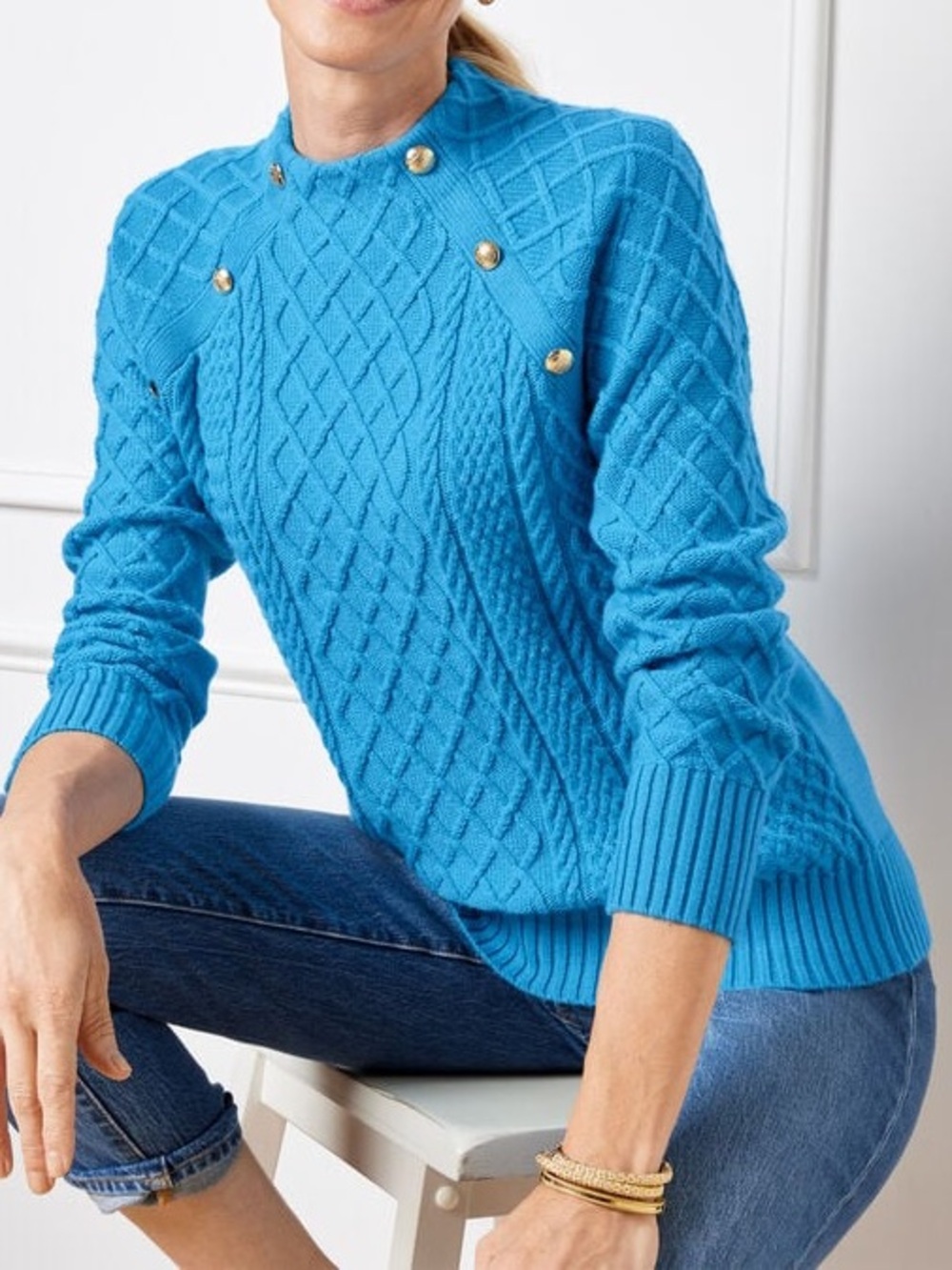 Talbots Mockneck Cable Knit Sweater Blue with Gold Buttons Women Size XL NEW